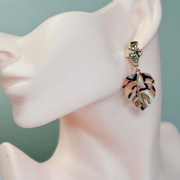 Gold and Brown Leaf Drop Earrings - Picture 4 of 9